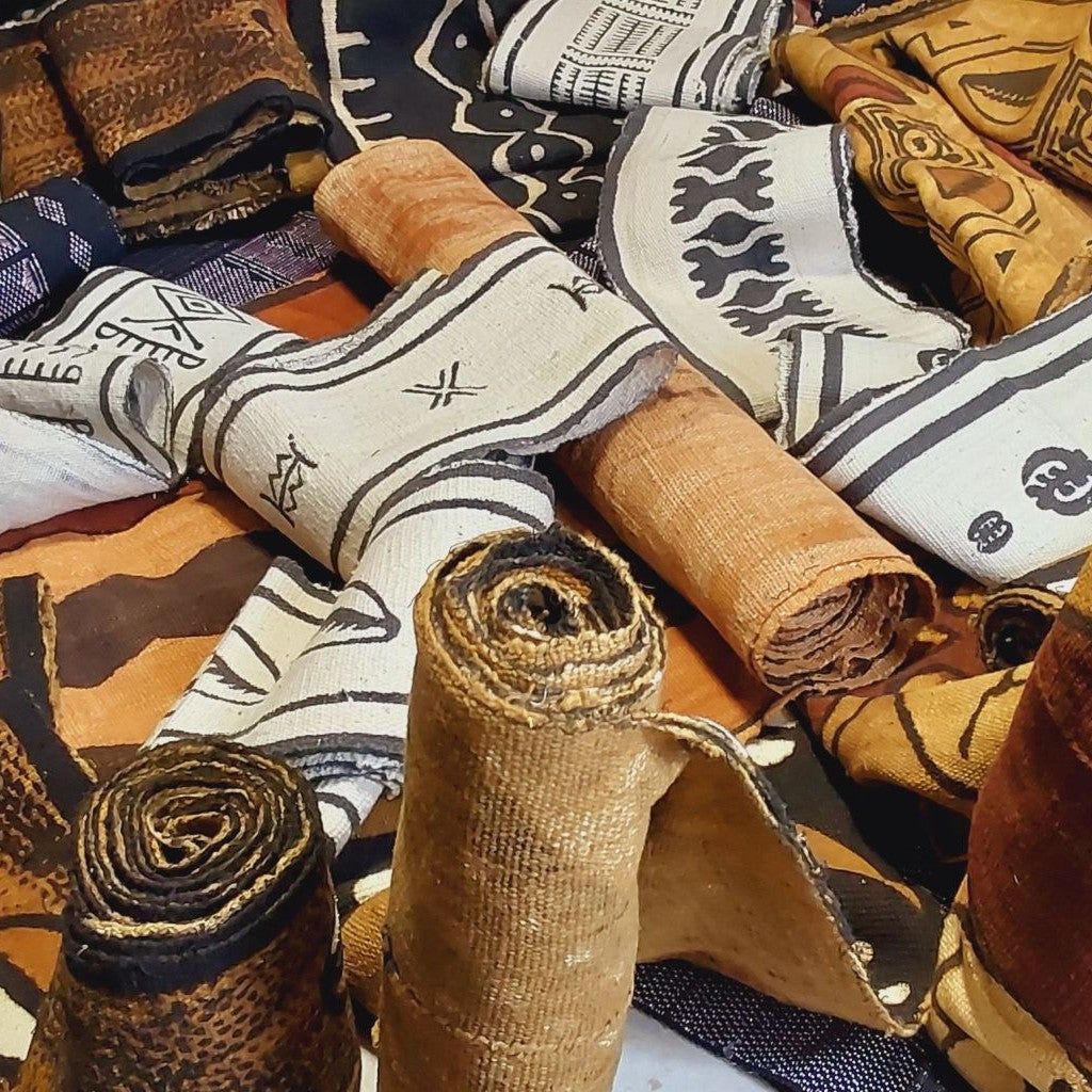 Mixed mudcloth fabric in different colors and designs.