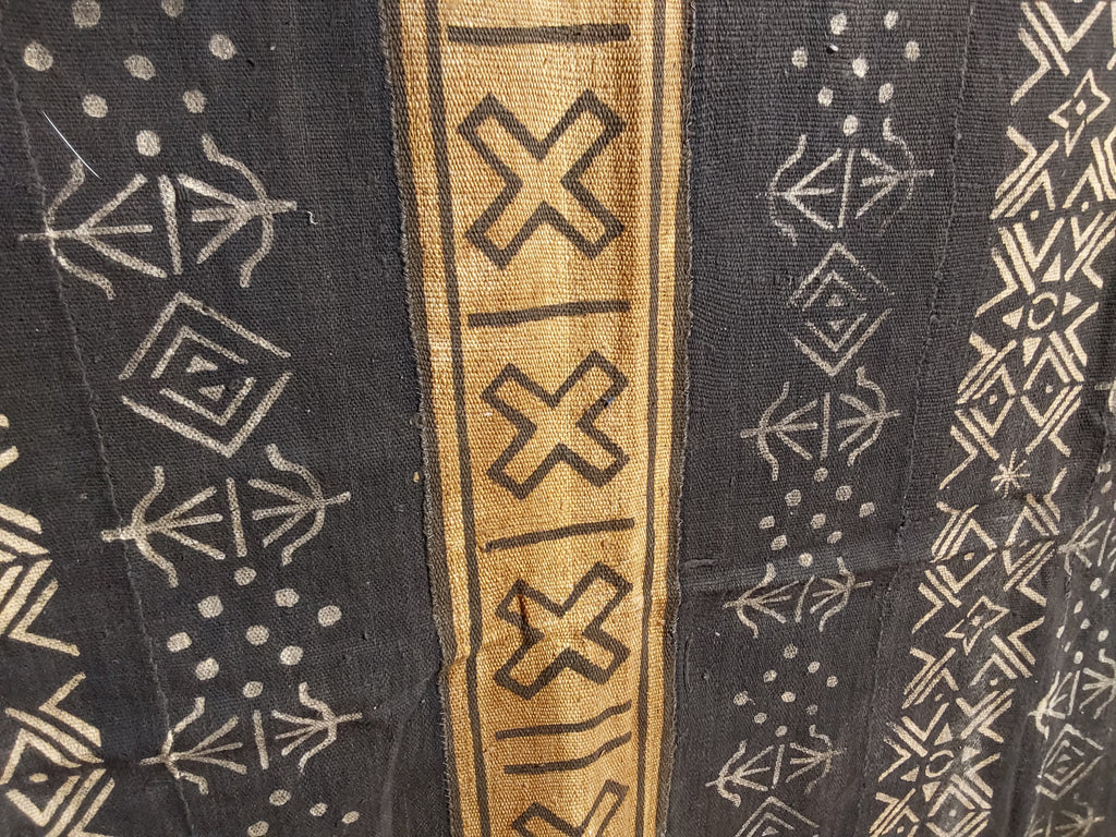 Close-up of patterned fabric with geometric designs on a dark background