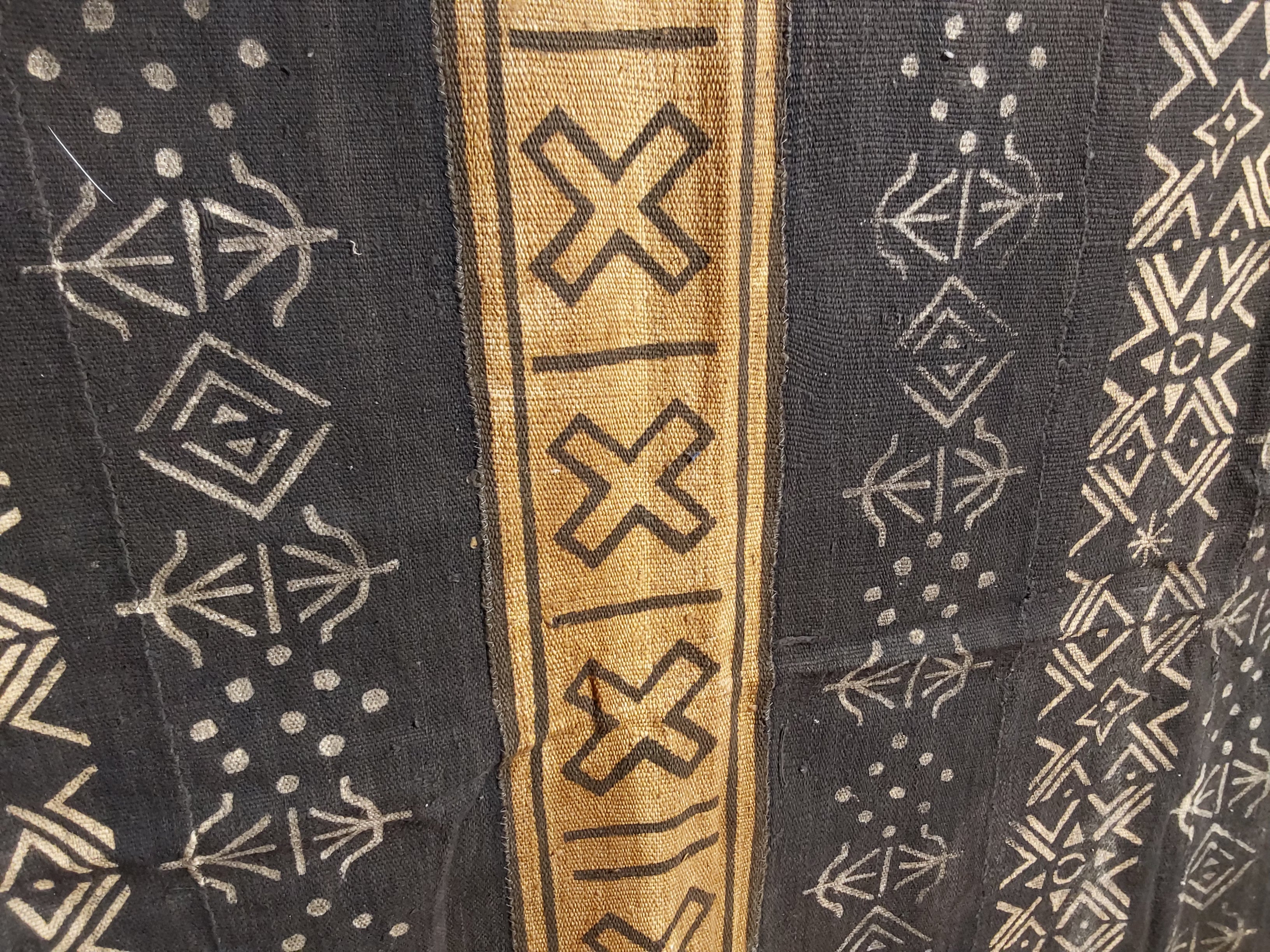 Close-up of patterned fabric with geometric designs on a dark background